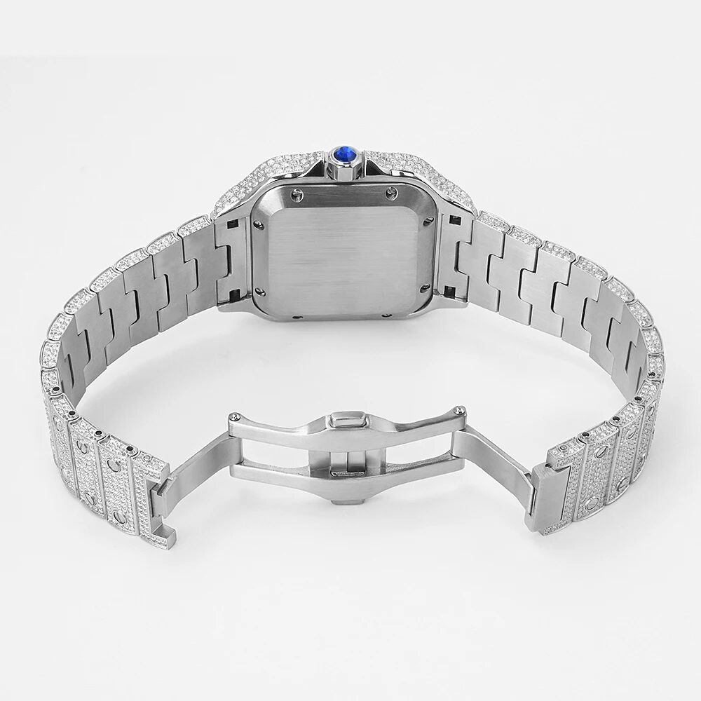 Case back and fully set bracelet of the square moissanite watch