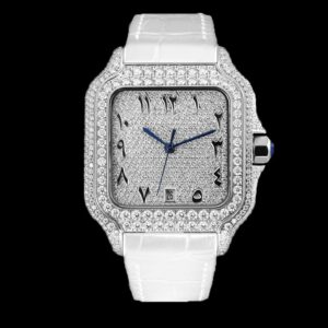 Square moissanite pavé automatic watch with black Eastern Arabic numerals on a white leather strap