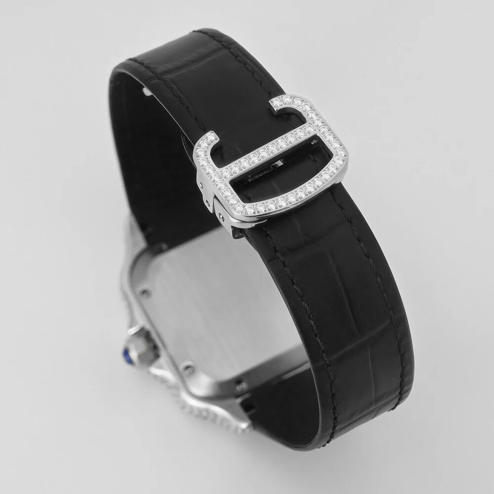 The stone-set folding clasp on the black leather strap