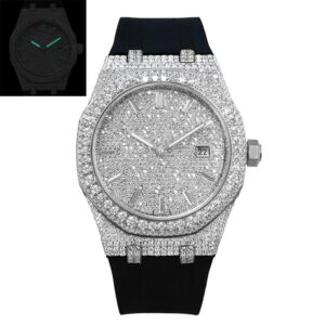 Octagonal moissanite pavé watch with a fully set dial on a black rubber strap