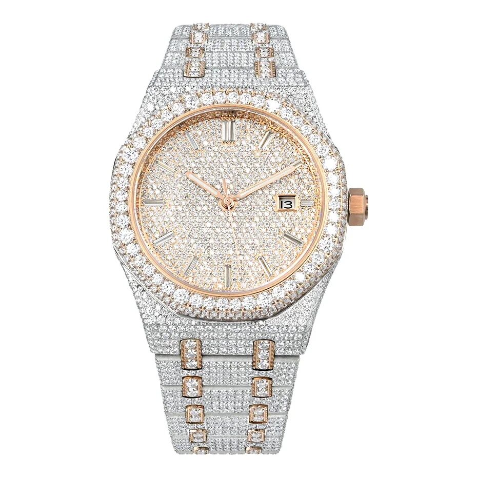 Two-tone rose octagonal moissanite watch with a fully set bracelet