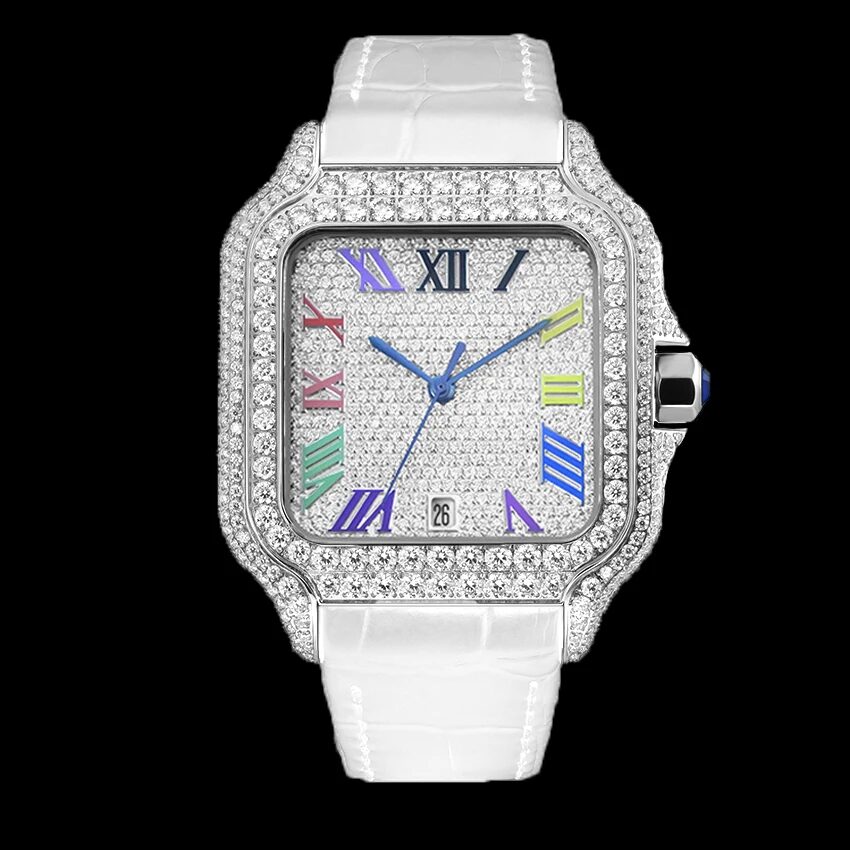 Square moissanite pavé watch with multicolored Roman numerals and blue sword hands
