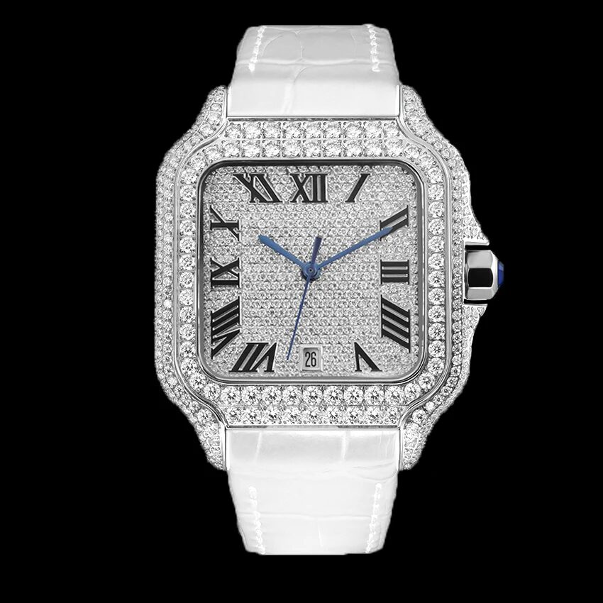 Square moissanite pavé watch with black Roman numerals and a blue cabochon crown