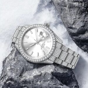 Steel moissanite pavé watch with a silver dial and fully set bracelet