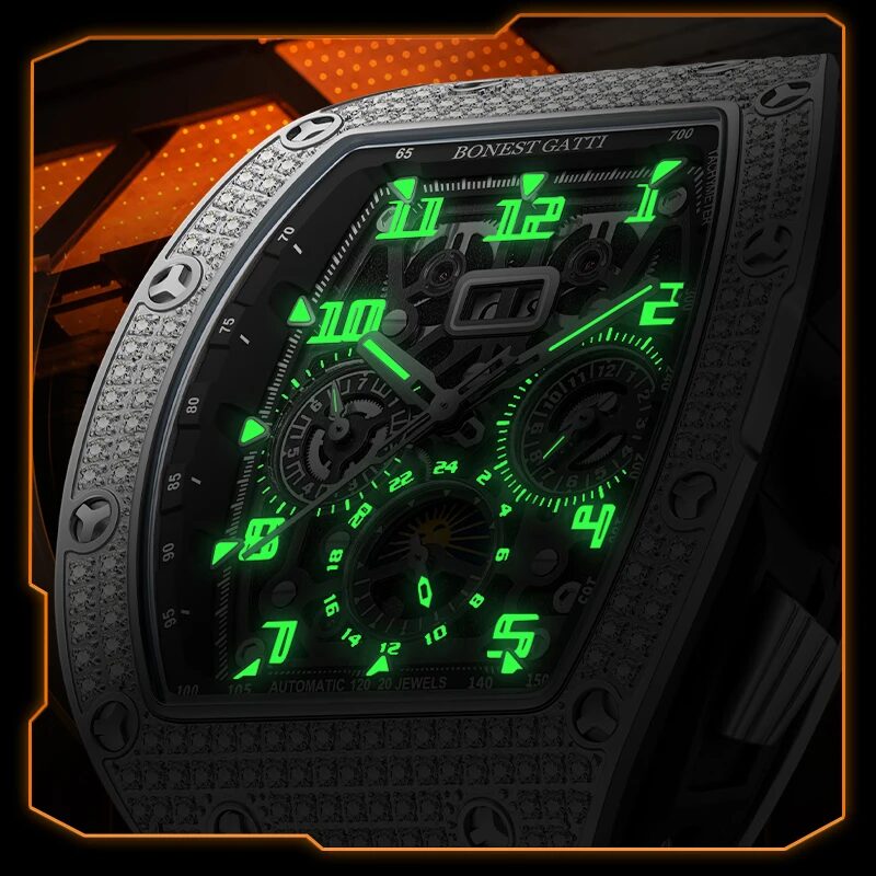 The skeleton dial's luminous numerals glowing in the dark