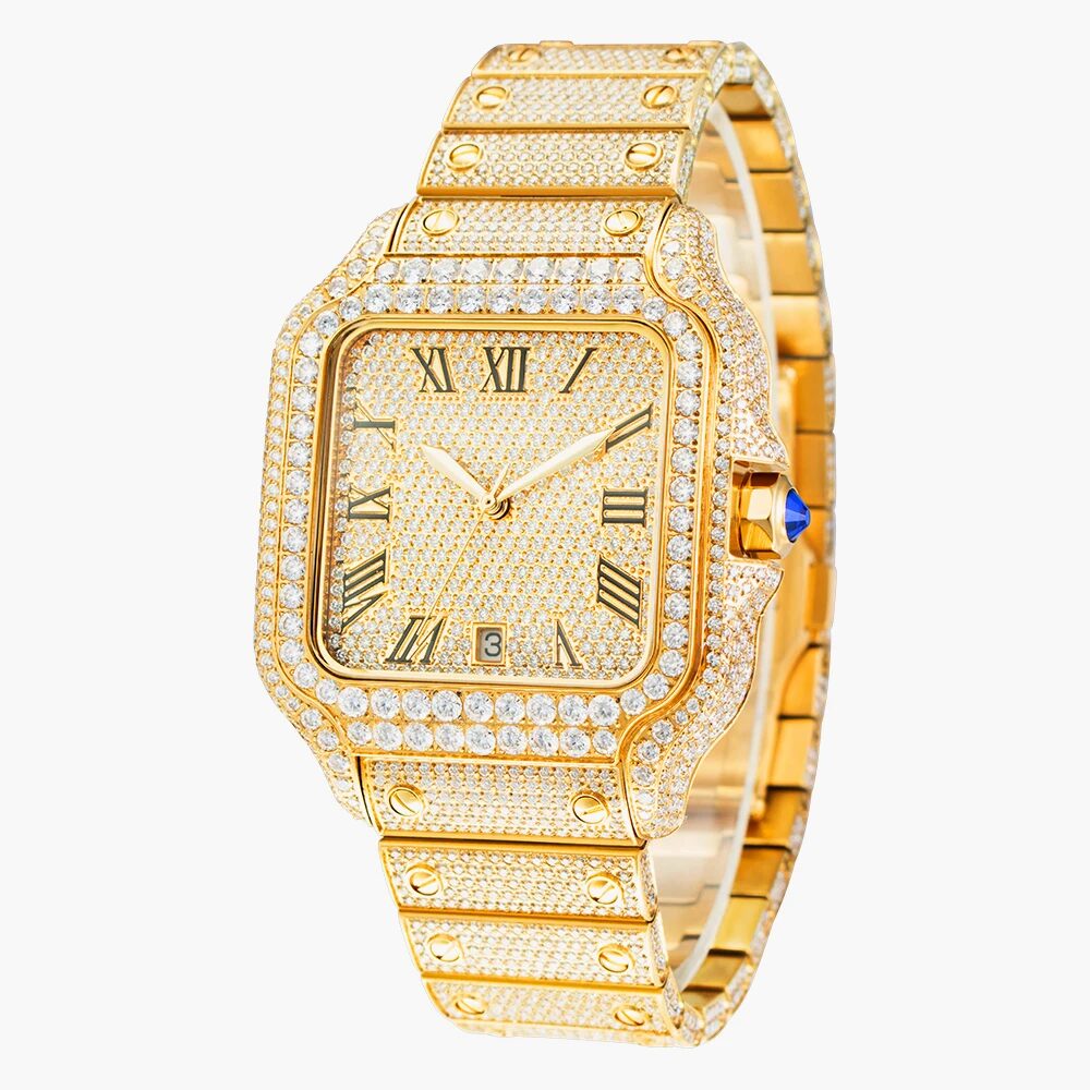 Gold-tone square moissanite pavé watch with Roman numerals and a fully set bracelet