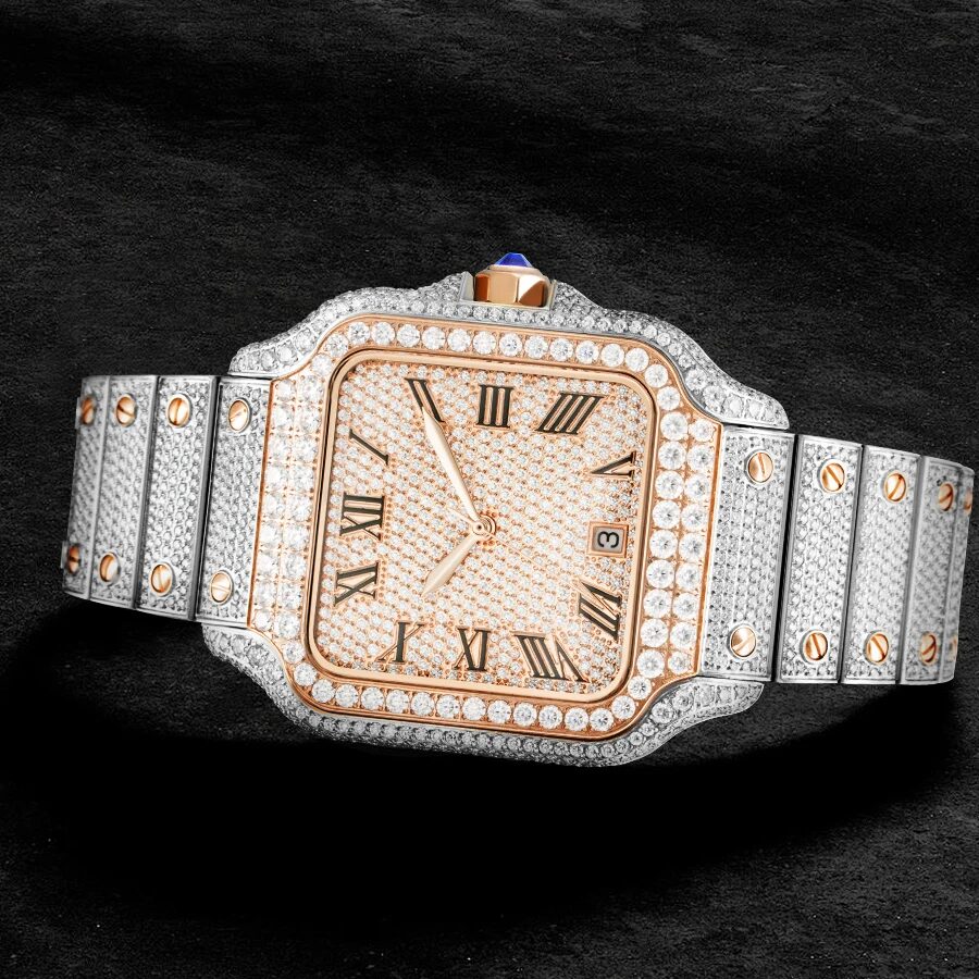 Rose-tone version of the square moissanite pavé watch