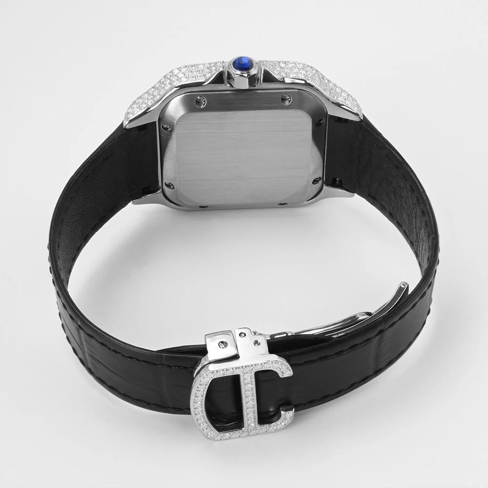 Case back and black leather strap with a stone-set folding clasp
