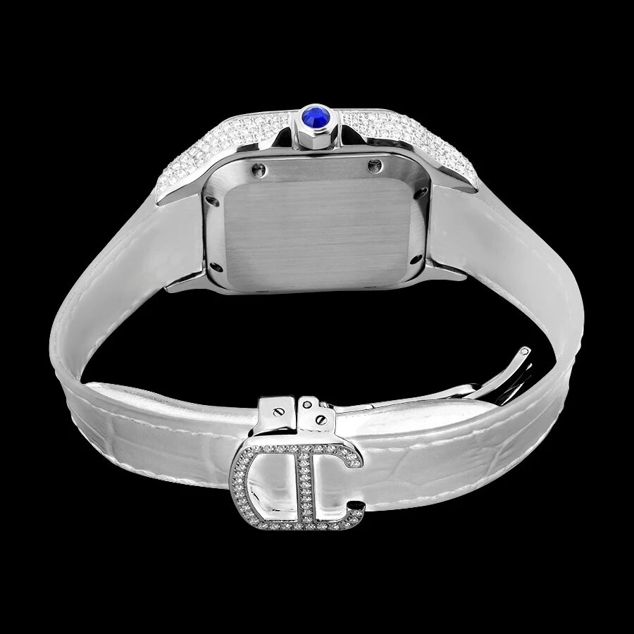 Case back and white leather strap of the square moissanite watch, with its stone-set folding clasp