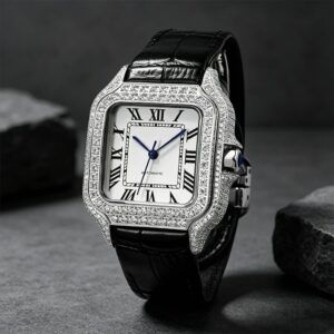 Women's square moissanite bezel watch with a white Roman-numeral dial on black leather