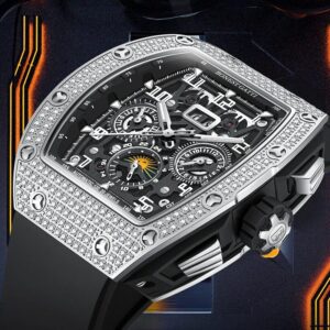 Close view of the skeletonized dial inside the stone-set tonneau case