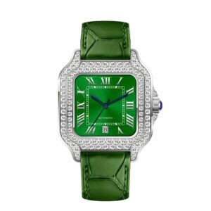 Square moissanite bezel watch with a green dial and green leather strap