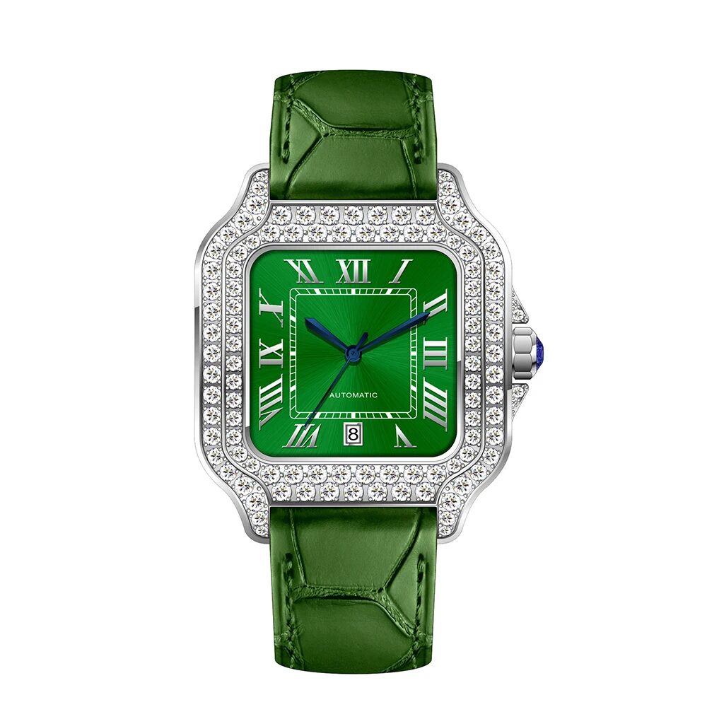 Square moissanite bezel watch with a green dial and green leather strap
